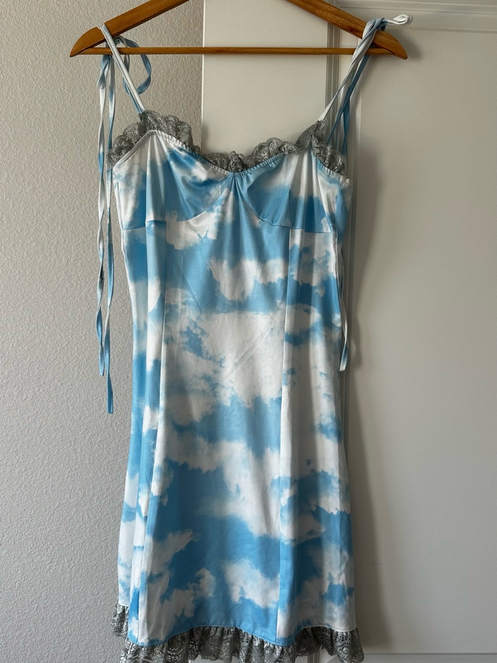 Blue & White Cloud Print Lace-Trim Slip Dress